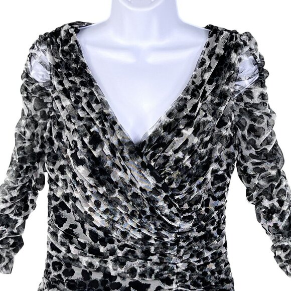 Tadashi Shoji Womens M Leopard Print Ruched Mesh Top V Neck 3/4 Sleeves Blouse - Picture 4 of 15
